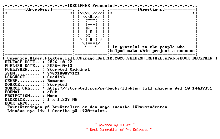 NFO for the release Veronica.Almer.Flykten.Till.Chicago.Del.10.2026.SWEDiSH.RETAiL.ePub.eBOOK-DECiPHER by DECiPHER