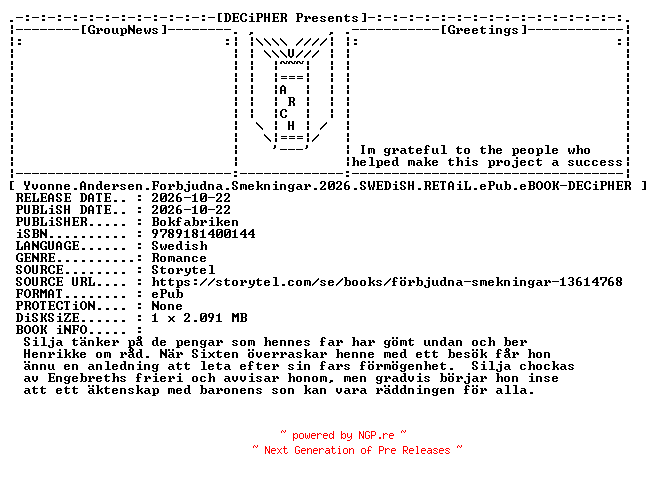 NFO for the release Yvonne.Andersen.Forbjudna.Smekningar.2026.SWEDiSH.RETAiL.ePub.eBOOK-DECiPHER by DECiPHER