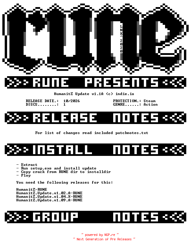 NFO for the release HumanitZ.Update.v1.1A-RUNE by RUNE
