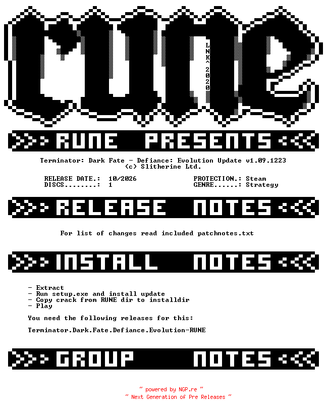 NFO for the release Terminator.Dark.Fate.Defiance.Evolution.Update.v1.09.1223-RUNE by RUNE