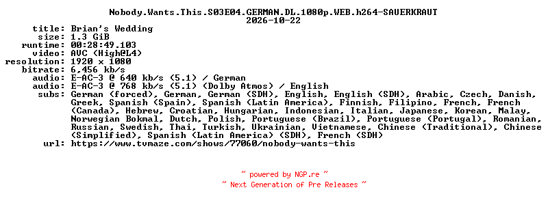 NFO for the release Nobody.Wants.This.S03E04.GERMAN.DL.1080p.WEB.h264-SAUERKRAUT by SAUERKRAUT