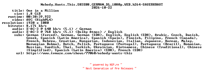 NFO for the release Nobody.Wants.This.S03E08.GERMAN.DL.1080p.WEB.h264-SAUERKRAUT by SAUERKRAUT