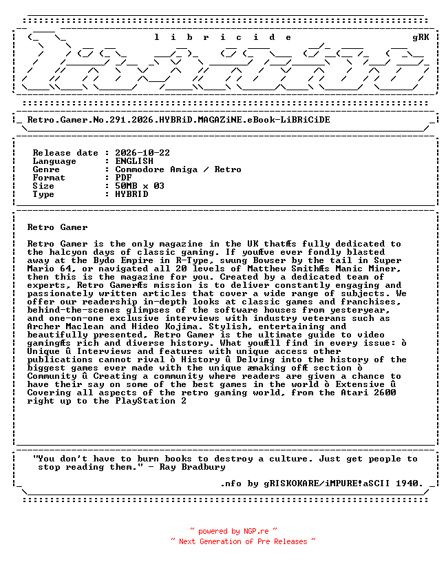 NFO for the release Retro.Gamer.No.291.2026.HYBRiD.MAGAZiNE.eBook-LiBRiCiDE by LiBRiCiDE