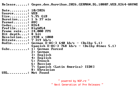 NFO for the release Gegen.den.Hurrikan.2026.GERMAN.DL.1080P.WEB.X264-WAYNE by WAYNE