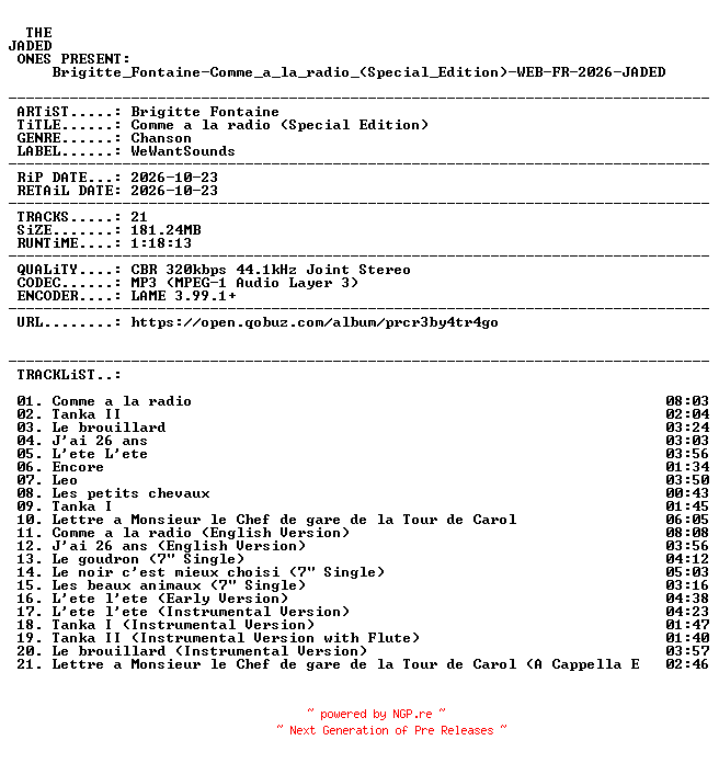 NFO for the release Brigitte_Fontaine-Comme_a_la_radio_(Special_Edition)-WEB-FR-2026-JADED by JADED