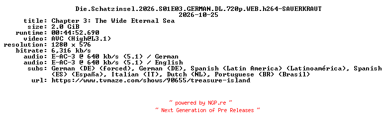 NFO for the release Die.Schatzinsel.2026.S01E03.GERMAN.DL.720p.WEB.h264-SAUERKRAUT by SAUERKRAUT