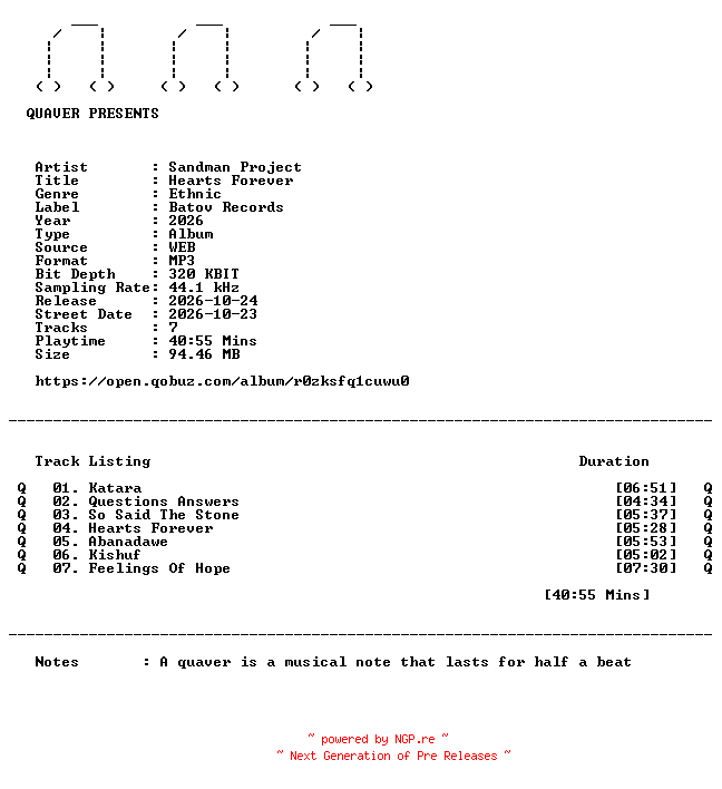 NFO for the release Sandman_Project-Hearts_Forever-WEB-2026-QUAVER by QUAVER