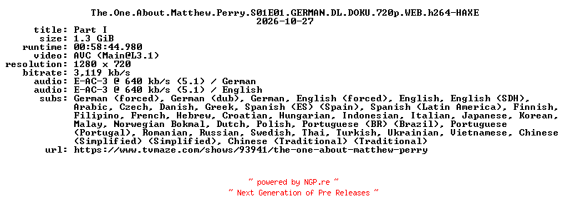 NFO for the release The.One.About.Matthew.Perry.S01E01.GERMAN.DL.DOKU.720p.WEB.h264-HAXE by HAXE
