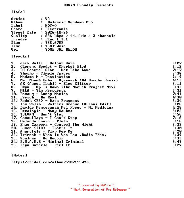 NFO for the release VA-Balearic_Sundown_055-16BIT-WEB-FLAC-2026-ROSiN by ROSiN