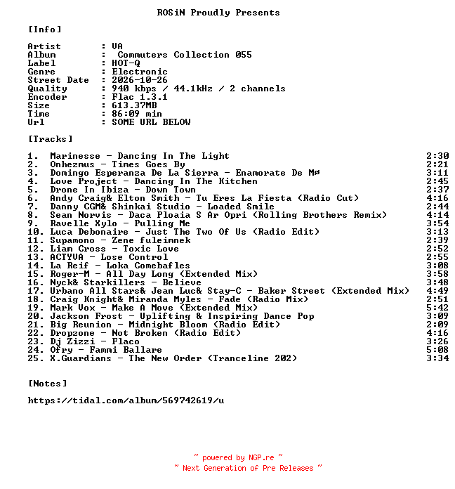 NFO for the release VA-Commuters_Collection_055-16BIT-WEB-FLAC-2026-ROSiN by ROSiN