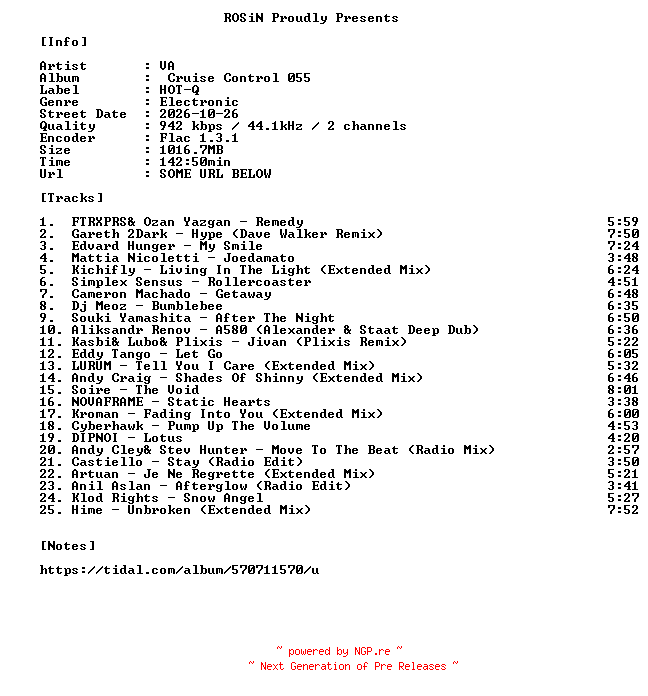 NFO for the release VA-Cruise_Control_055-16BIT-WEB-FLAC-2026-ROSiN by ROSiN