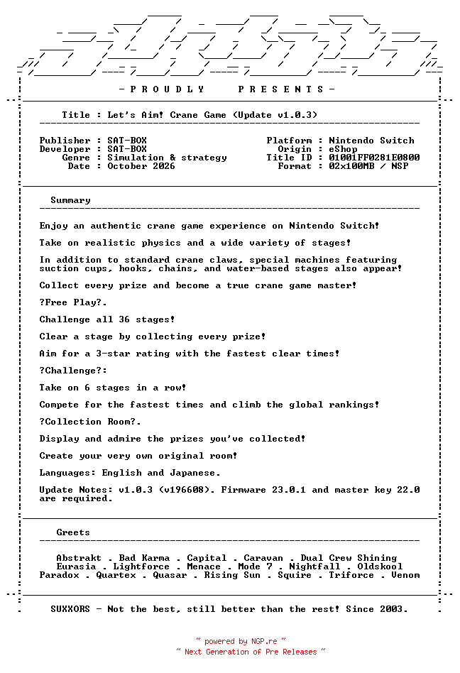 NFO for the release Lets_Aim_Crane_Game_Update_v1.0.3_NSW-SUXXORS by SUXXORS