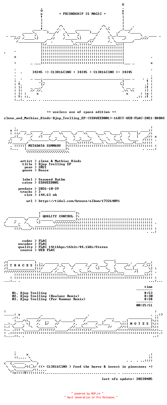 NFO for the release zlene_and_Mathias_Hinds-Djup_Trolling_EP-(SEAWEED001)-16BIT-WEB-FLAC-2021-BABAS by BABAS