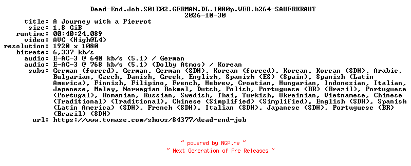 NFO for the release Dead-End.Job.S01E02.GERMAN.DL.1080p.WEB.h264-SAUERKRAUT by SAUERKRAUT