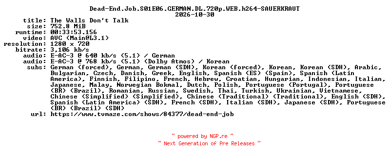 NFO for the release Dead-End.Job.S01E06.GERMAN.DL.720p.WEB.h264-SAUERKRAUT by SAUERKRAUT