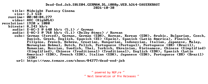 NFO for the release Dead-End.Job.S01E04.GERMAN.DL.1080p.WEB.h264-SAUERKRAUT by SAUERKRAUT