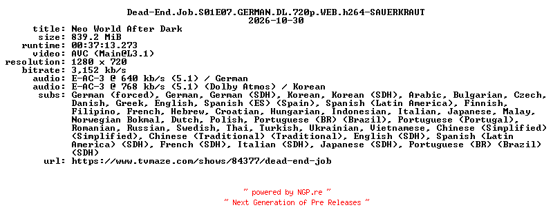 NFO for the release Dead-End.Job.S01E07.GERMAN.DL.720p.WEB.h264-SAUERKRAUT by SAUERKRAUT