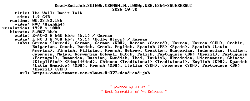 NFO for the release Dead-End.Job.S01E06.GERMAN.DL.1080p.WEB.h264-SAUERKRAUT by SAUERKRAUT