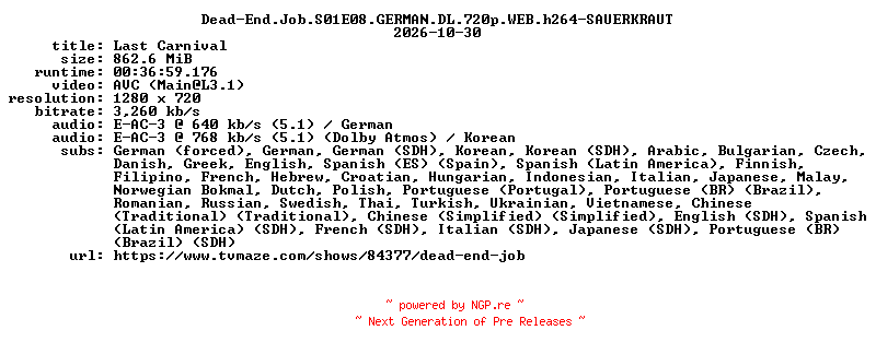 NFO for the release Dead-End.Job.S01E08.GERMAN.DL.720p.WEB.h264-SAUERKRAUT by SAUERKRAUT