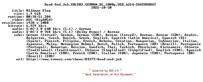 NFO for the release Dead-End.Job.S01E03.GERMAN.DL.1080p.WEB.h264-SAUERKRAUT by SAUERKRAUT