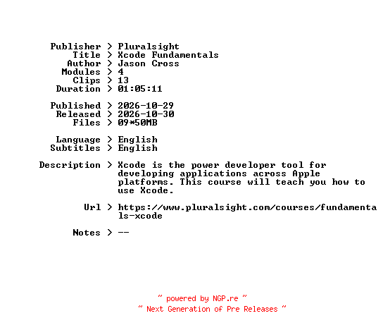 NFO for the release Pluralsight.Xcode.Fundamentals.2026.BOOKWARE-GETH by GETH