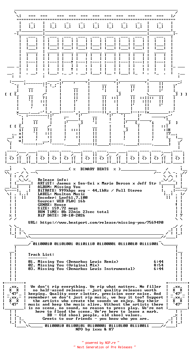 NFO for the release Jaemus_x_Sen-Sei_x_Marie_Berson_x_Jeff_Straw-Missing_You-(MM389)-16BIT-WEB-FLAC-2026-BB by BB