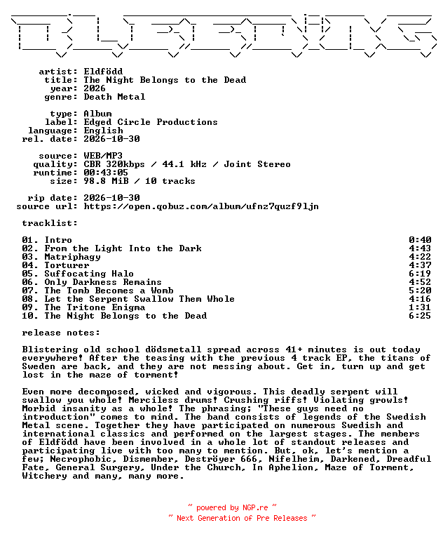 NFO for the release Eldfoedd-The_Night_Belongs_to_the_Dead-WEB-2026-BLEEDiNG by BLEEDiNG