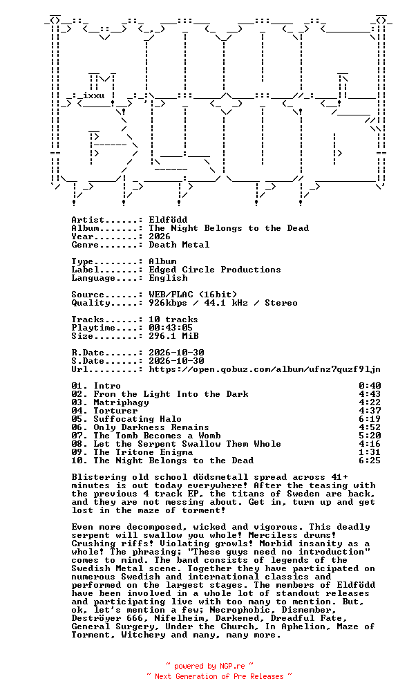 NFO for the release Eldfoedd-The_Night_Belongs_to_the_Dead-16BIT-WEB-FLAC-2026-MOONBLOOD by MOONBLOOD