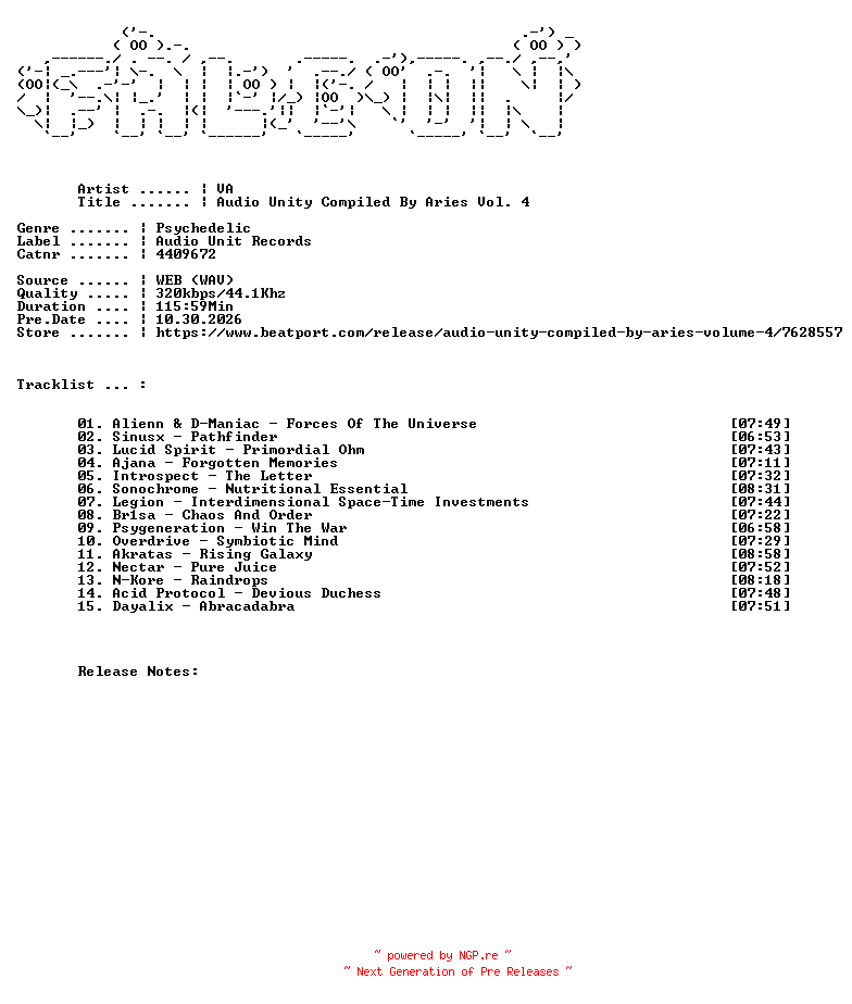 NFO for the release VA-Audio_Unity_Compiled_By_Aries_Vol._4-(4409672)-WEB-2026-FALCON by FALCON