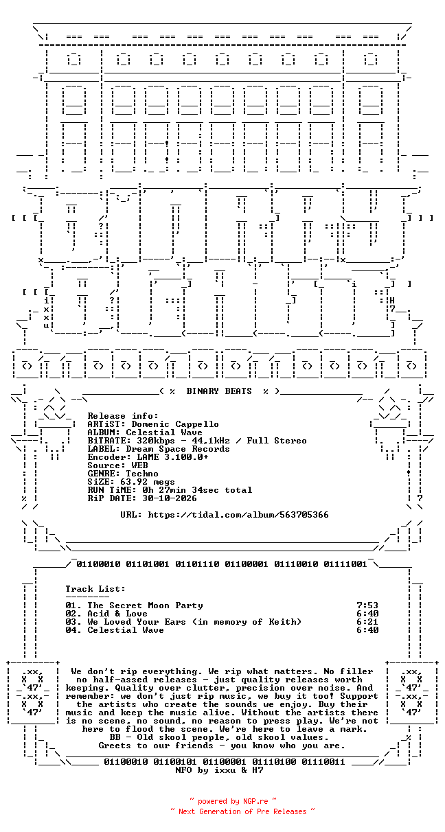 NFO for the release Domenic_Cappello-Celestial_Wave-(DS004)-WEB-2026-BB by BB