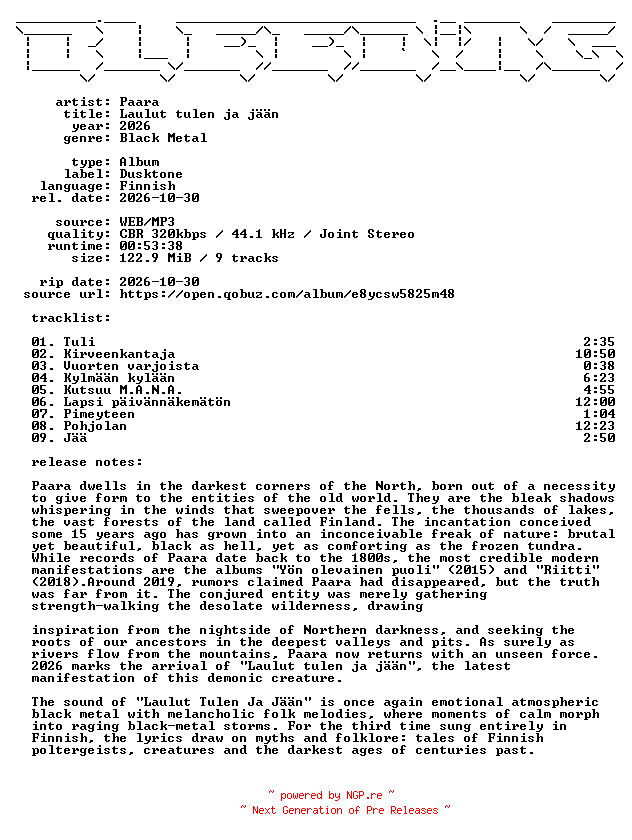 NFO for the release Paara-Laulut_tulen_ja_jaeaen-FI-WEB-2026-BLEEDiNG by BLEEDiNG