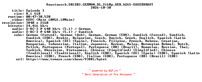NFO for the release Haustausch.S01E03.GERMAN.DL.2160p.WEB.h265-SAUERKRAUT by SAUERKRAUT