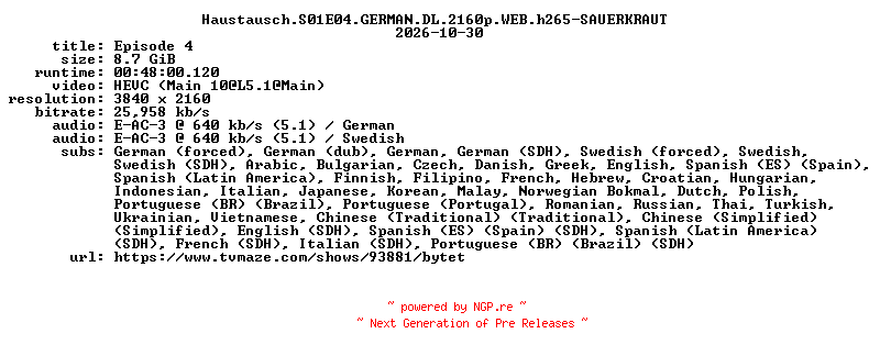 NFO for the release Haustausch.S01E04.GERMAN.DL.2160p.WEB.h265-SAUERKRAUT by SAUERKRAUT