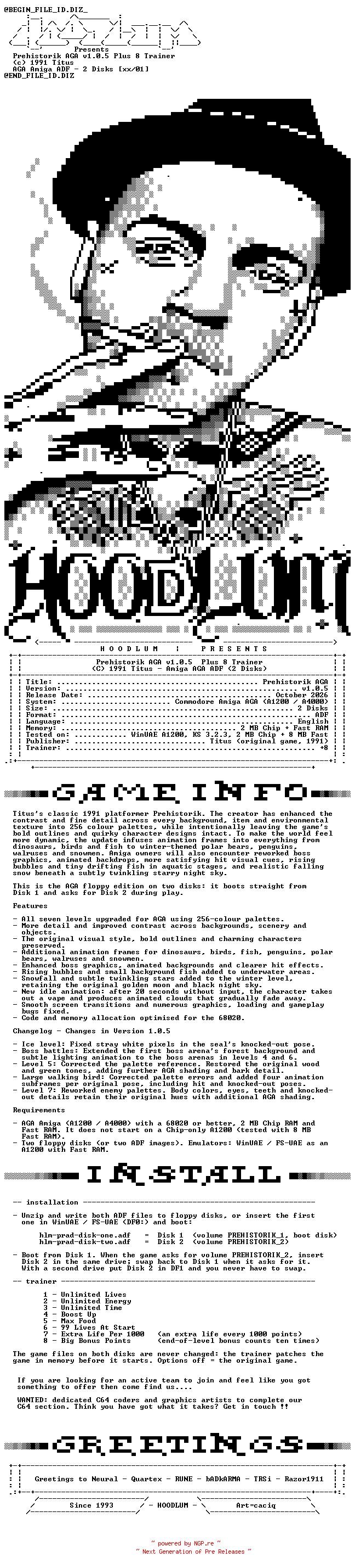 NFO for the release Prehistoric_v1.0.5_PLUS_8_TRAINER_AGA_AMIGA-HOODLUM by HOODLUM