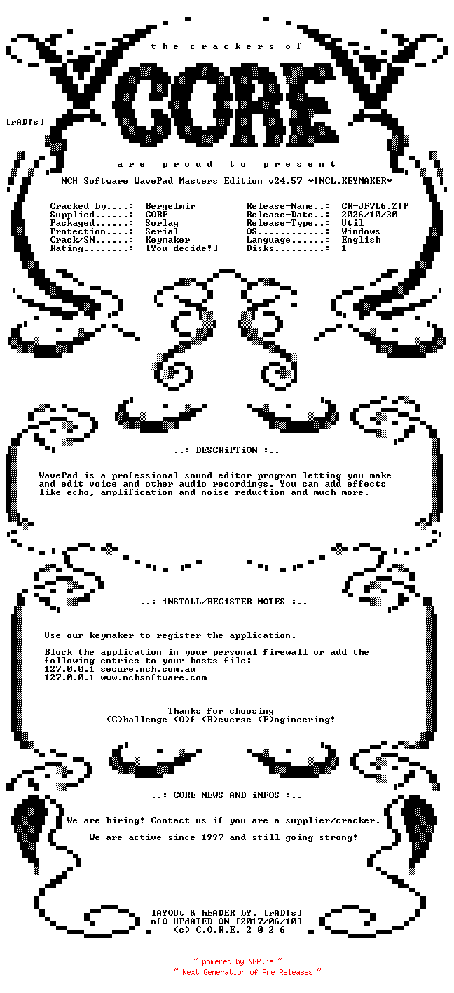 NFO for the release NCH.Software.WavePad.Masters.Edition.v24.57.Incl.Keymaker-CORE by CORE
