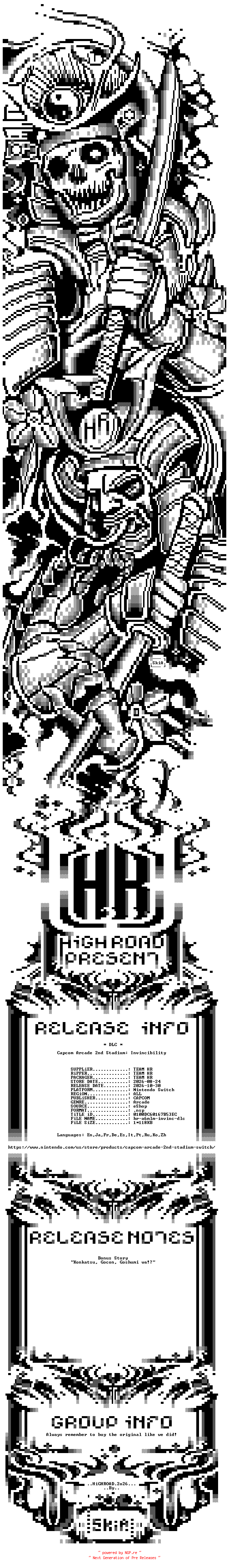 NFO for the release Capcom_Arcade_2nd_Stadium_Invincibility_DLC_NSW-HR by HR