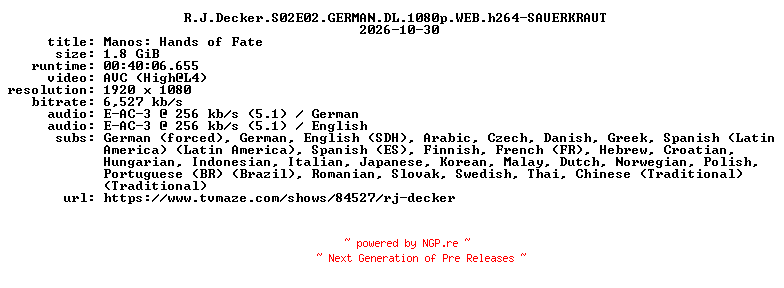 NFO for the release R.J.Decker.S02E02.GERMAN.DL.1080p.WEB.h264-SAUERKRAUT by SAUERKRAUT