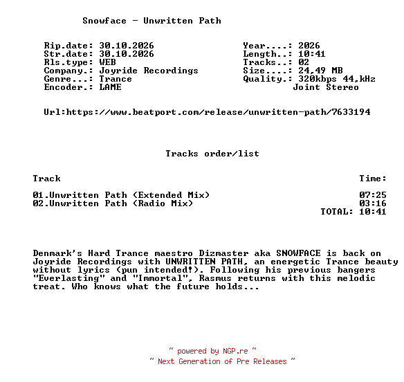 NFO for the release Snowface_-_Unwritten_Path-(JMJR192X)-WEB-2026-FMC by FMC