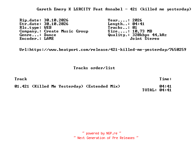NFO for the release Gareth_Emery_X_LSRCITY_Feat_Annabel_-_421_(Killed_Me_Yesterday)-(EIT003E)-SINGLE-WEB-2026-FMC by FMC