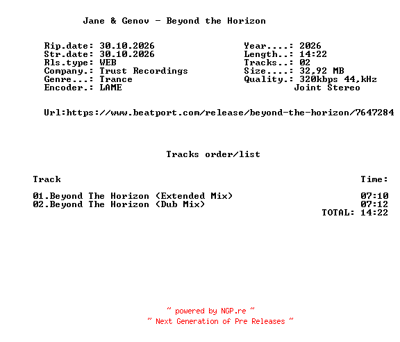 NFO for the release Jane_And_Genov_-_Beyond_The_Horizon-(TRST015)-WEB-2026-FMC by FMC