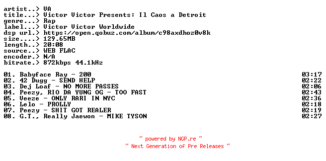 NFO for the release VA-Victor_Victor_Presents_Il_Caos_a_Detroit-16BIT-WEB-FLAC-2026-CUMPiE by CUMPiE