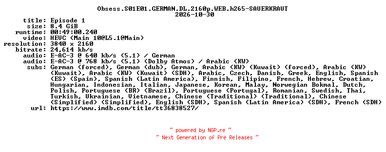 NFO for the release Obsess.S01E01.GERMAN.DL.2160p.WEB.h265-SAUERKRAUT by SAUERKRAUT