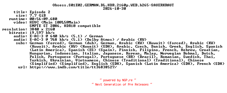 NFO for the release Obsess.S01E02.GERMAN.DL.HDR.2160p.WEB.h265-SAUERKRAUT by SAUERKRAUT