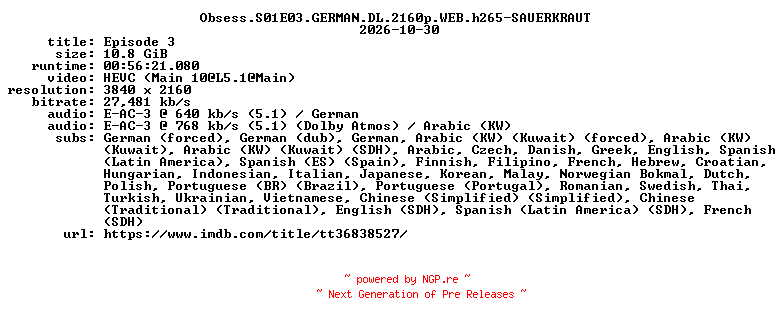 NFO for the release Obsess.S01E03.GERMAN.DL.2160p.WEB.h265-SAUERKRAUT by SAUERKRAUT