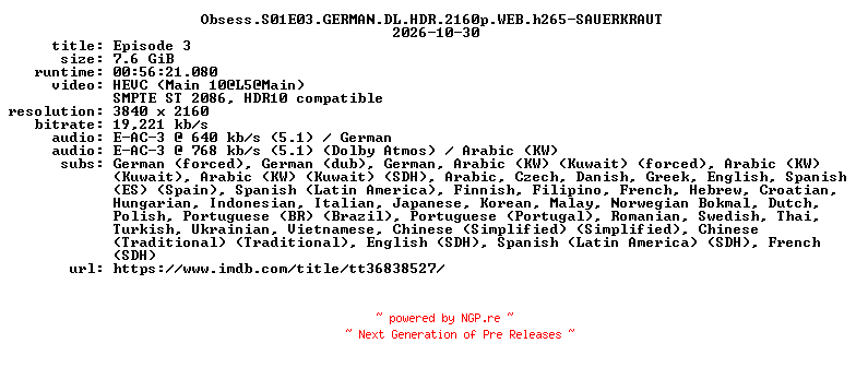 NFO for the release Obsess.S01E03.GERMAN.DL.HDR.2160p.WEB.h265-SAUERKRAUT by SAUERKRAUT