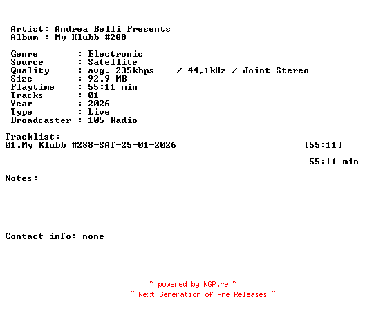 NFO for the release Andrea_Belli_Presents-My_Klubb_288-SAT-25-01-2026-LFA by LFA