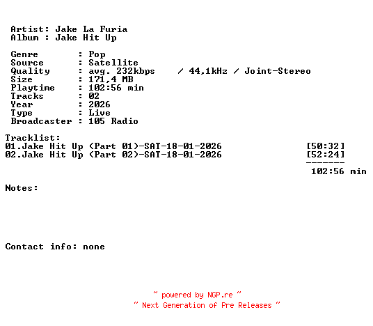 NFO for the release Jake_La_Furia-Jake_Hit_Up-SAT-18-01-2026-LFA by LFA
