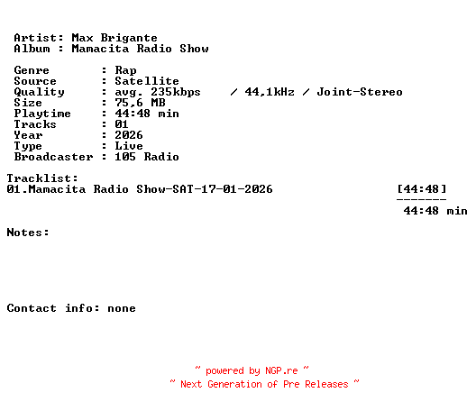 NFO for the release Max_Brigante-Mamacita_Radio_Show-SAT-17-01-2026-LFA by LFA