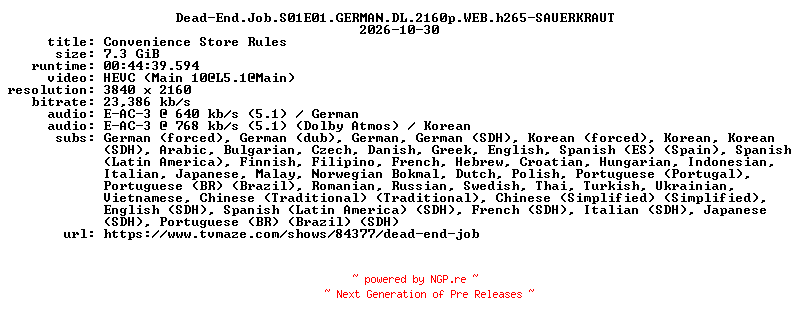 NFO for the release Dead-End.Job.S01E01.GERMAN.DL.2160p.WEB.h265-SAUERKRAUT by SAUERKRAUT