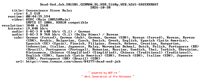 NFO for the release Dead-End.Job.S01E01.GERMAN.DL.HDR.2160p.WEB.h265-SAUERKRAUT by SAUERKRAUT